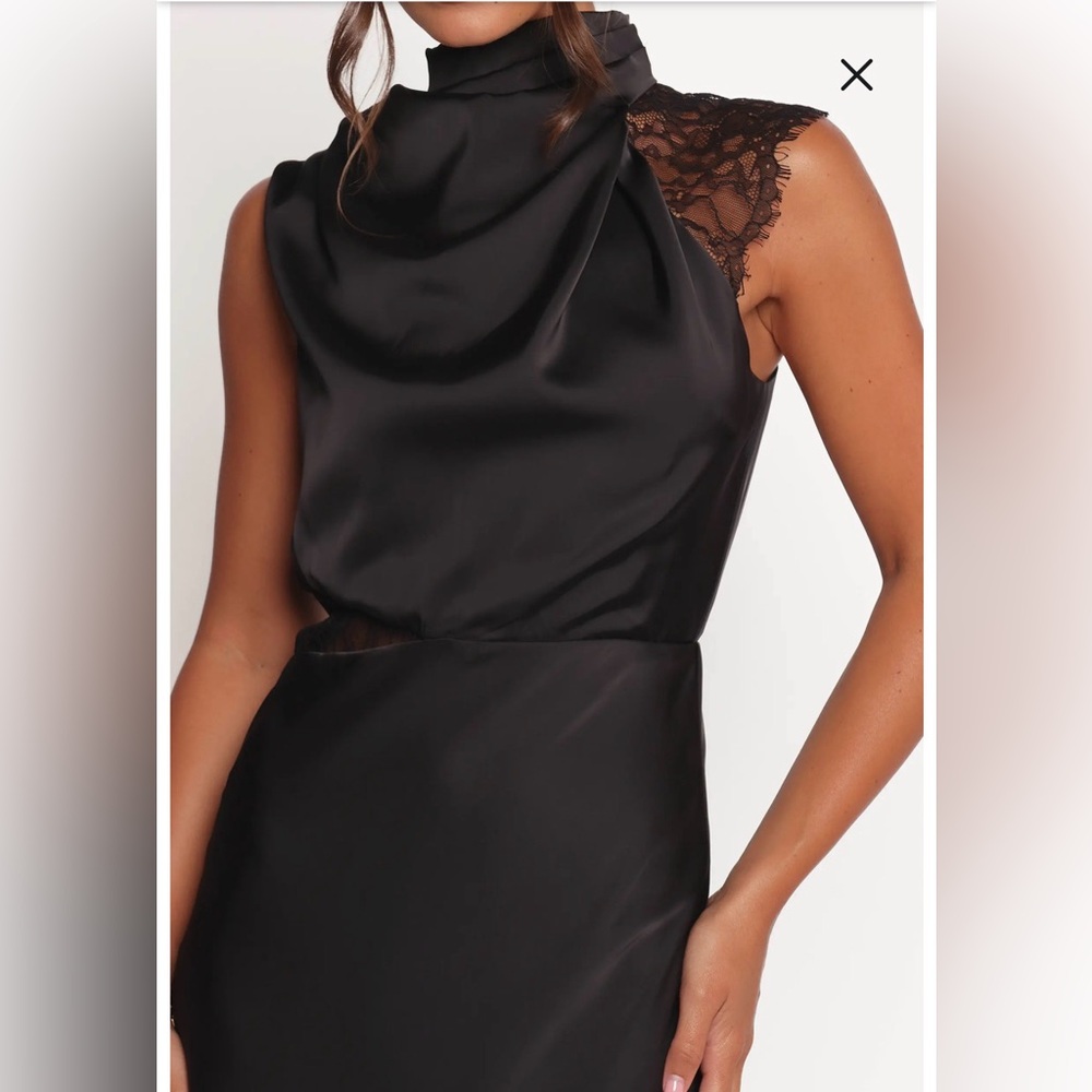 Petal & Pup Anabelle Halter Neck Maxi DressBlack Satin Lace-Trim SweepNeck Dress